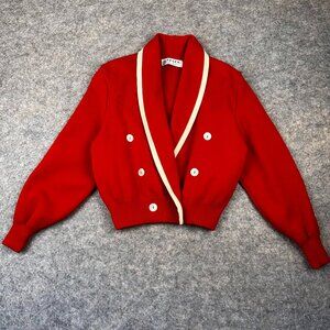 Jaeger 100% Wool Red Blazer Cardigan Sweater White Trim Women's Size 36 in 91cm